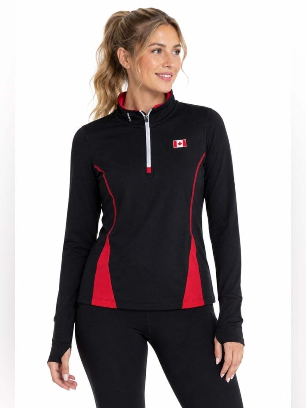 Running Room Black Pullover Sweater XS 1/4 Zip Long Sleeve Canada Flag Logo